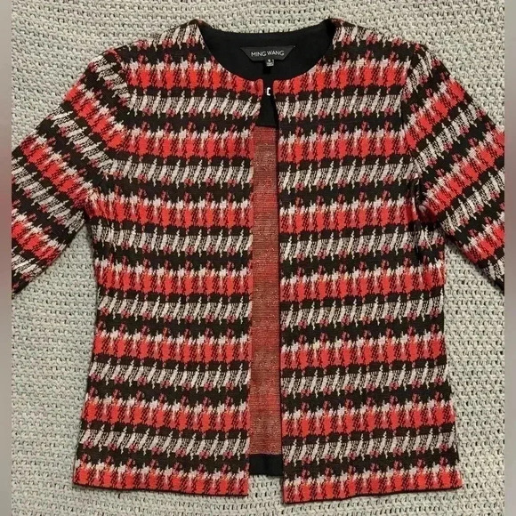 Ming Wang Open Front Jacket Red Black Houndstooth Size PS - Picture 2 of 8